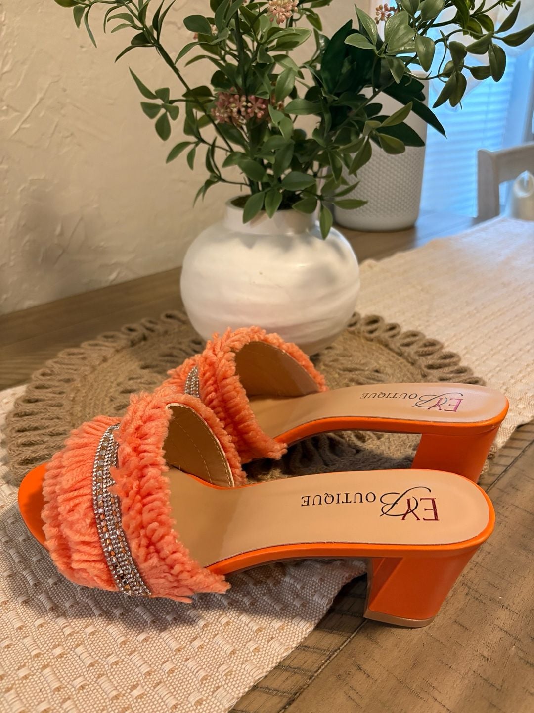 EXBoutique Orange Block Heel Mules With Rhinestones 5