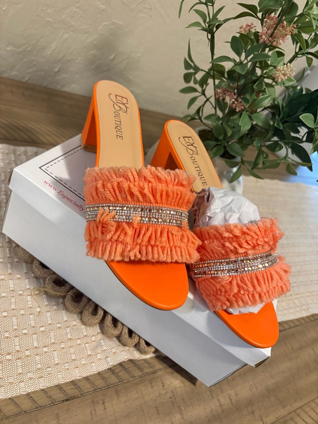 EXBoutique Orange Block Heel Mules With Rhinestones 8
