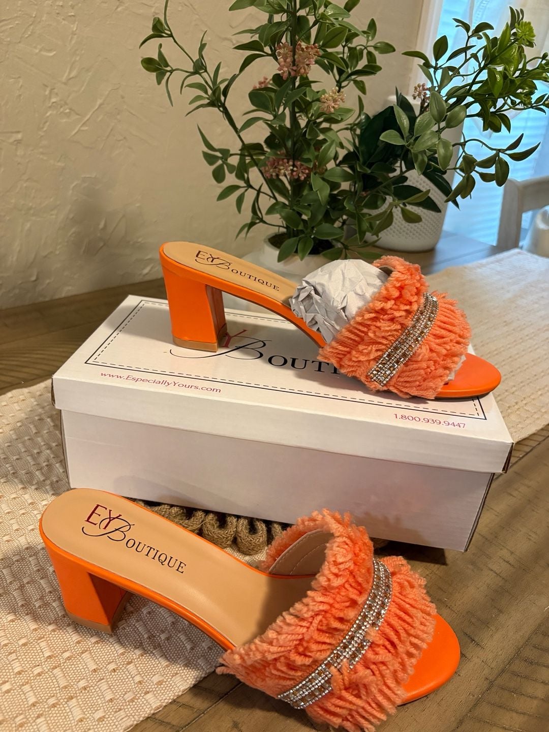 EXBoutique Orange Block Heel Mules With Rhinestones 9