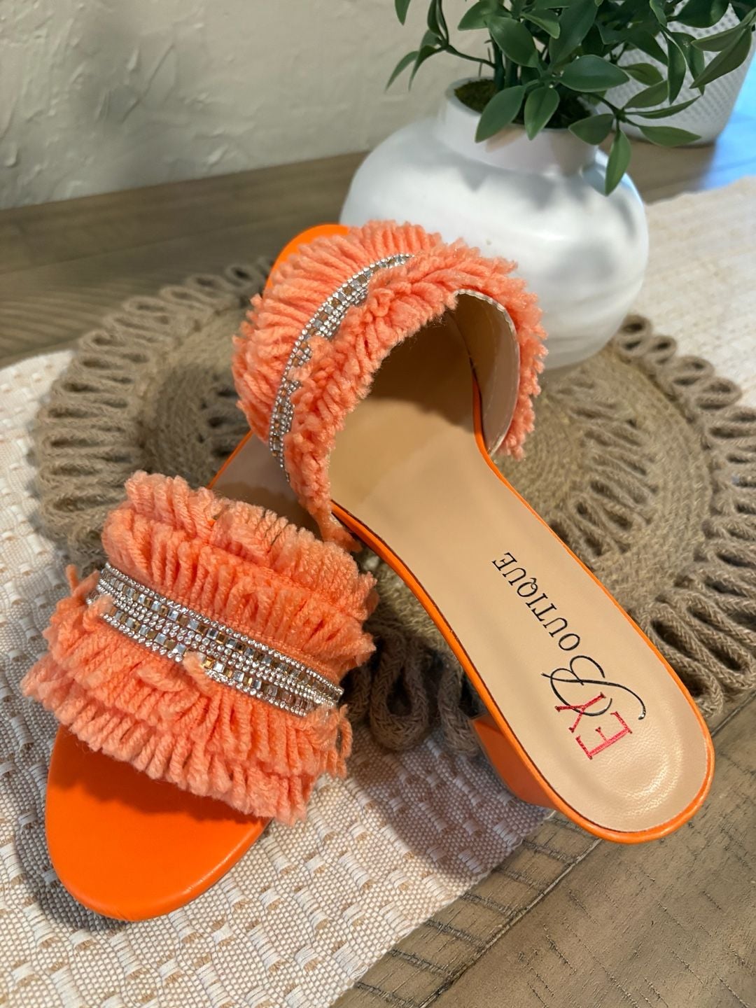 EXBoutique Orange Block Heel Mules With Rhinestones 11