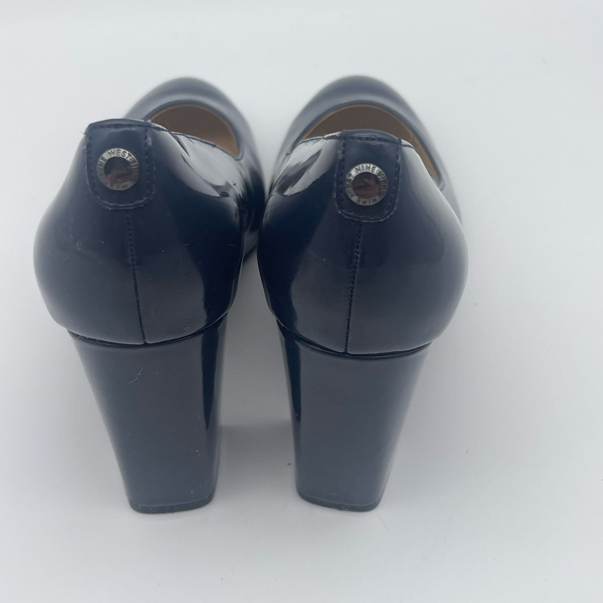 Nine West Wnary A9X93 Size 8M Navy Patent Block Heel Pumps 7