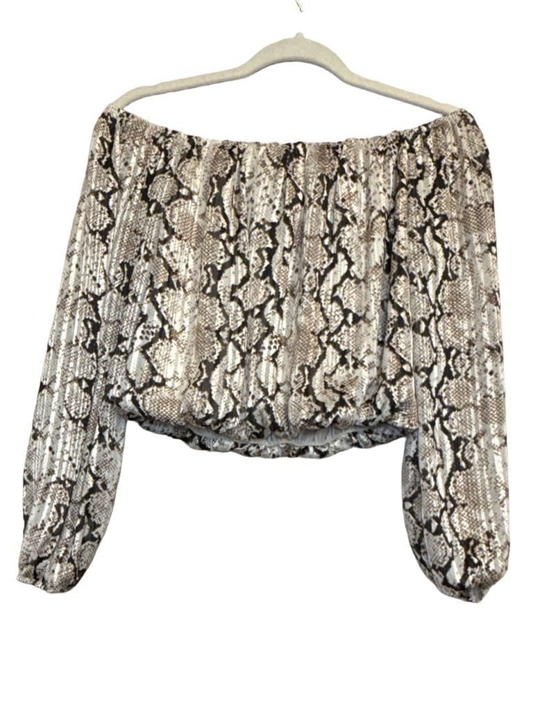 Y2K Windsor Snake Print Metallic Thread Off Shoulder Blouse Mesh Sleeve 2