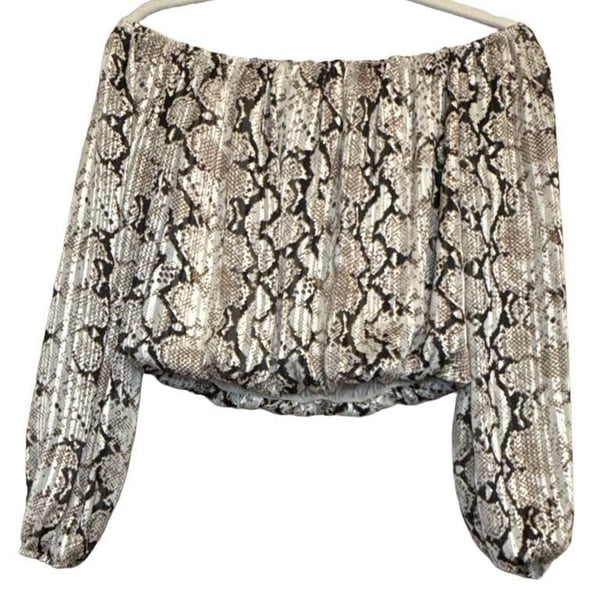 Y2K Windsor Snake Print Metallic Thread Off Shoulder Blouse Mesh Sleeve