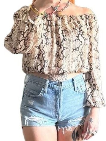 Y2K Windsor Snake Print Metallic Thread Off Shoulder Blouse Mesh Sleeve 5