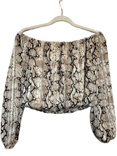 Y2K Windsor Snake Print Metallic Thread Off Shoulder Blouse Mesh Sleeve 4