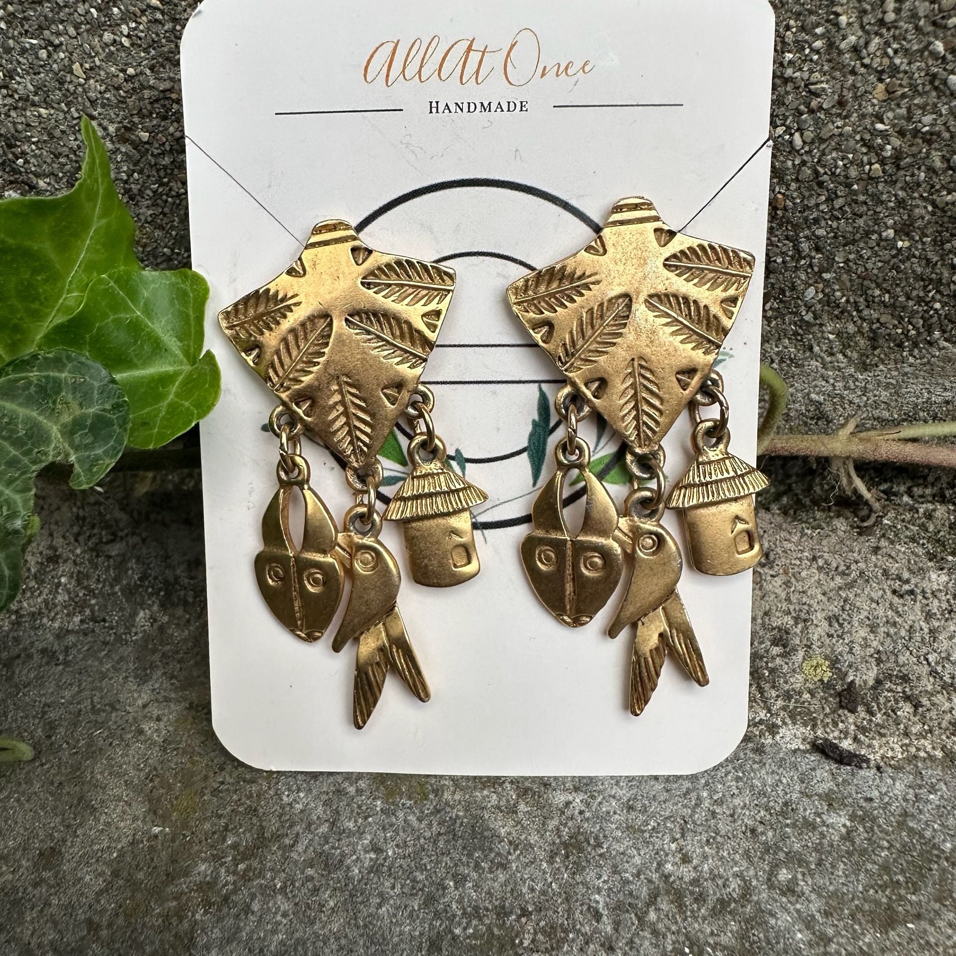 All At Once Handmade Goldtone Dangle Charm Earrings birds boho charms 2