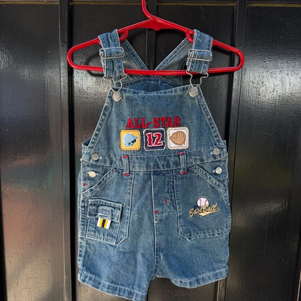 Vintage Baseball Shortalls Size 6/9 Months Blue Denim Overalls