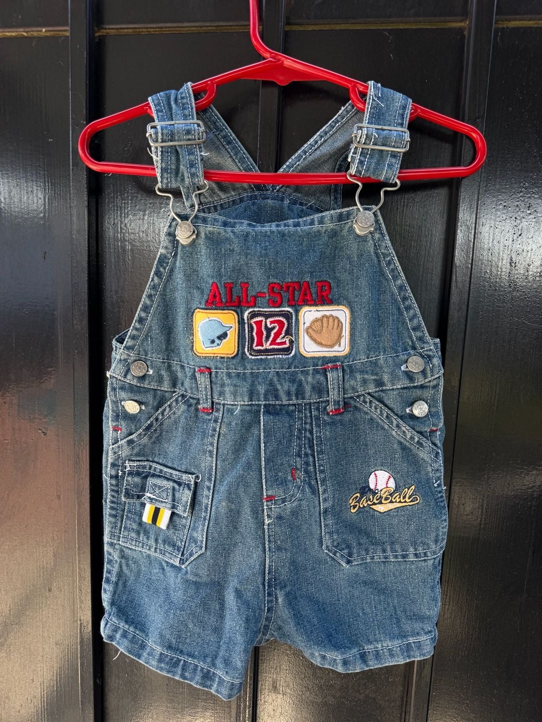 Vintage Baseball Shortalls Size 6/9 Months Blue Denim Overalls 3