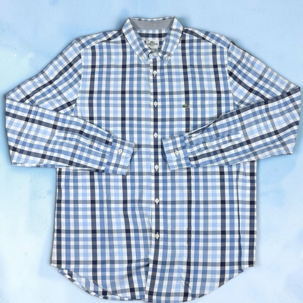 Men’s Lacoste Regular Fit Plaid Button Down Shirt Size 42 Blue Long Sleeve