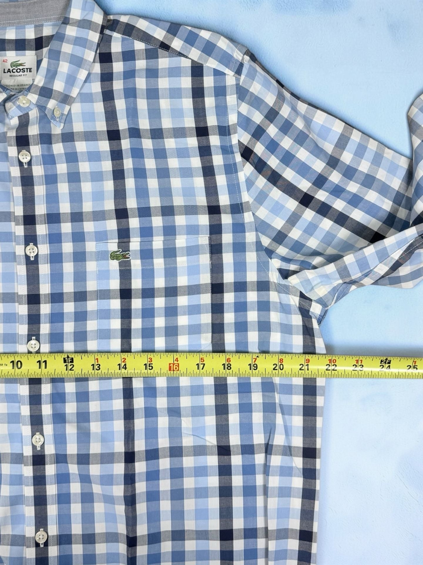 Men’s Lacoste Regular Fit Plaid Button Down Shirt Size 42 Blue Long Sleeve 7