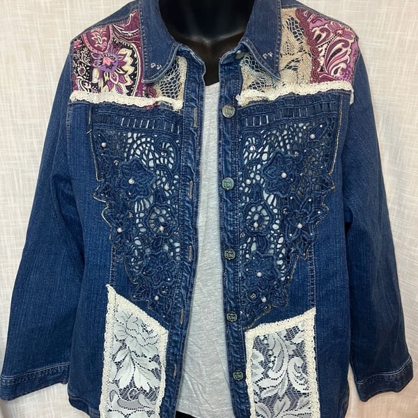 Bestow  Denim Jacket Size L Blue Lace Beaded paisley Patchwork Boho hippie 