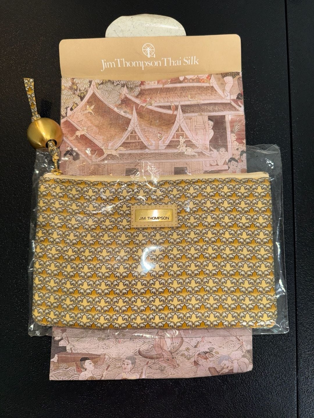 Vintage Jim Thompson Thai Silk Zip Pouch Yellow Elephant 2
