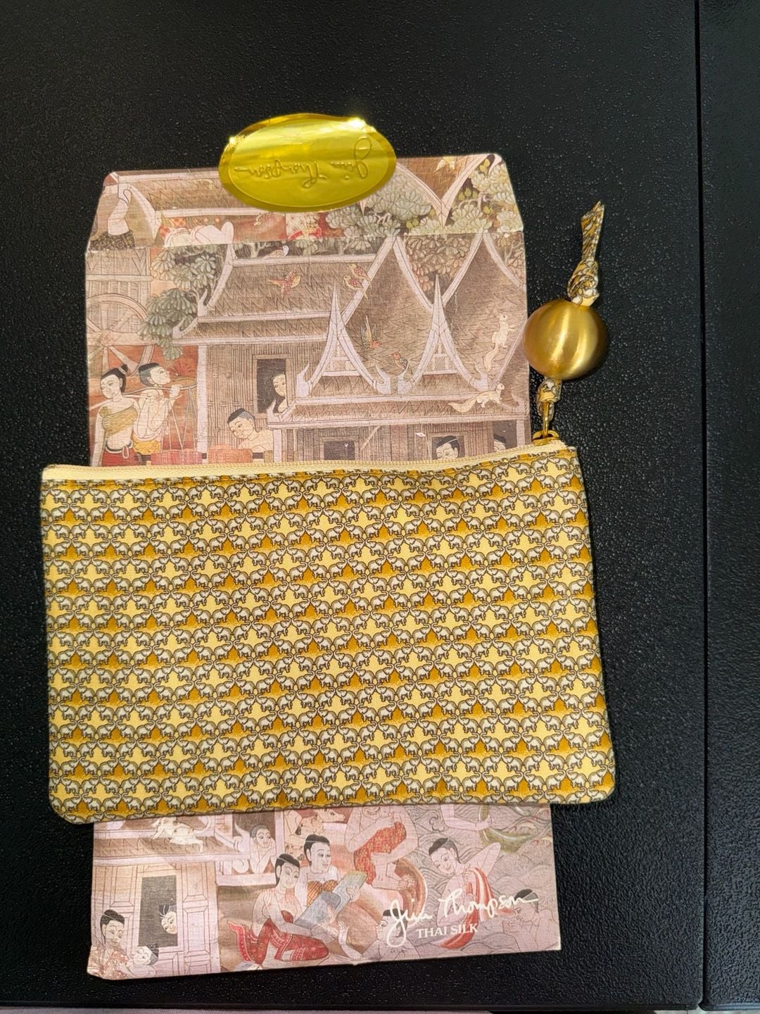 Vintage Jim Thompson Thai Silk Zip Pouch Yellow Elephant 3