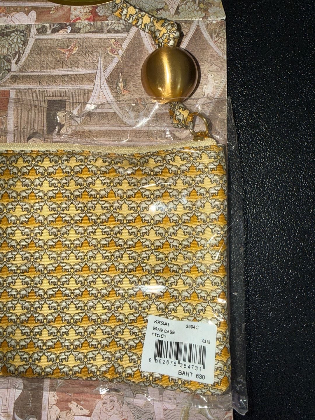 Vintage Jim Thompson Thai Silk Zip Pouch Yellow Elephant 5