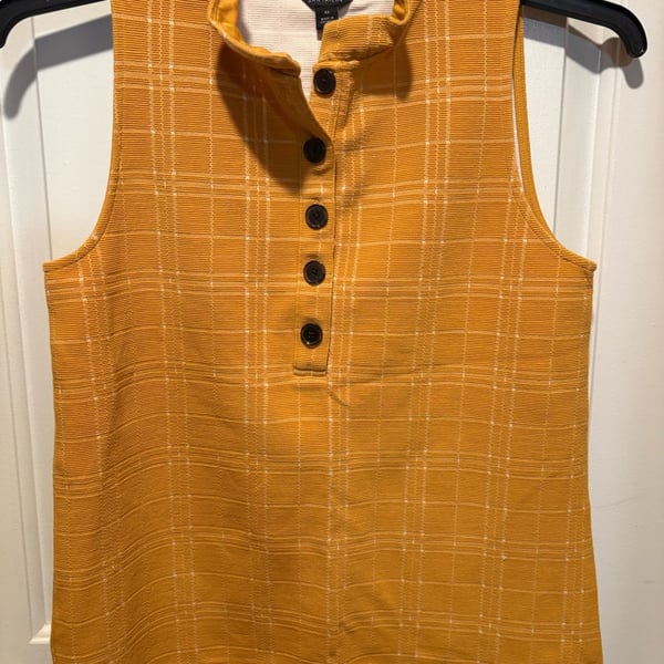 Ann Taylor Mock Neck Sleeveless Blouse Size XS Yellow Plaid Textured