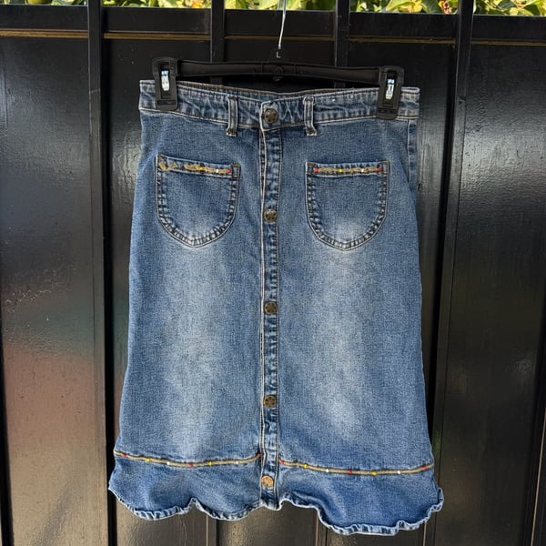 Y2K Juicy Gente Como Tu Denim Skirt Size 14 Blue Button Front Ruffle
