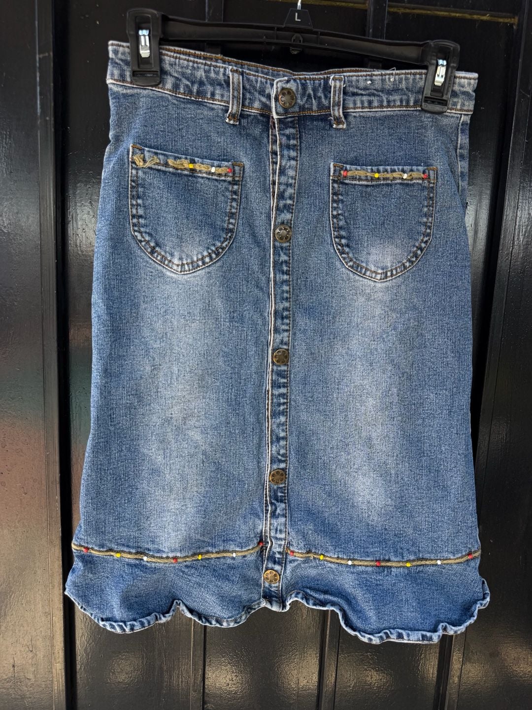 Y2K Juicy Gente Como Tu Denim Skirt Size 14 Blue Button Front Ruffle 3