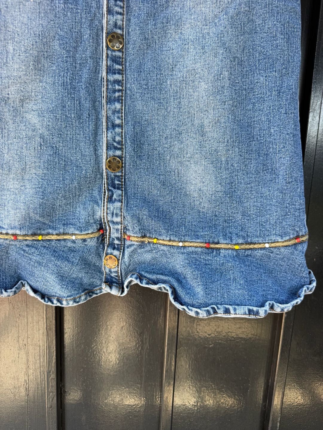 Y2K Juicy Gente Como Tu Denim Skirt Size 14 Blue Button Front Ruffle 4