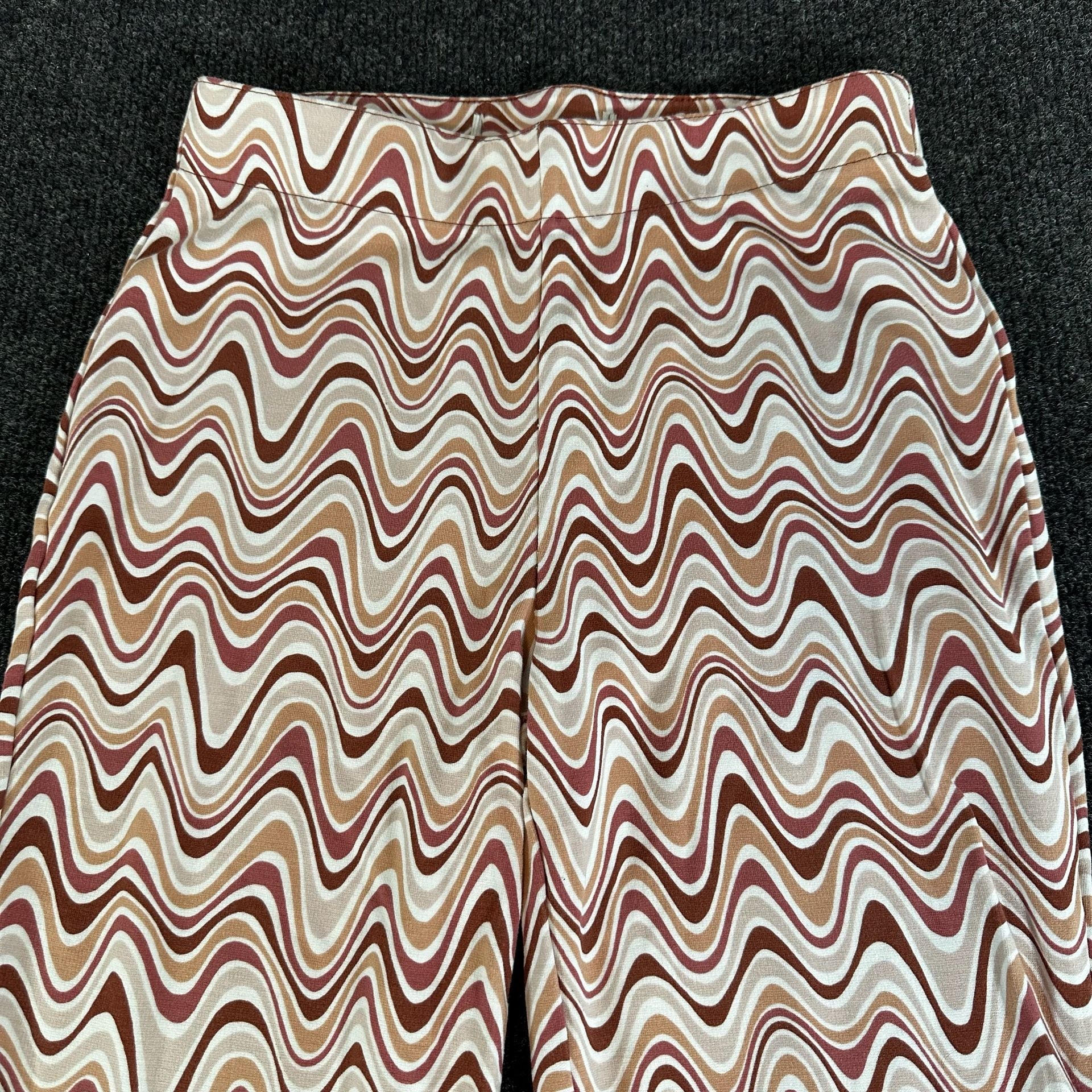 Wavy Retro Print Flare Pants Brown Cream Pink Size S 3