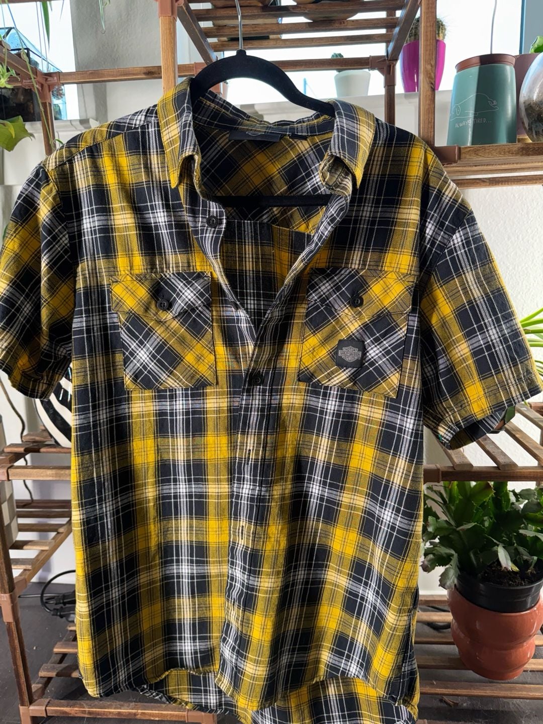 Harley-Davidson Backing It Plaid Shirt Size M Yellow Black Short Sleeve 2