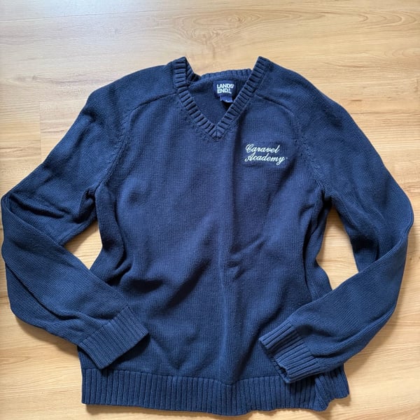 Lands End V-Neck Sweater Size M Navy Blue Caravel Academy Embroidered