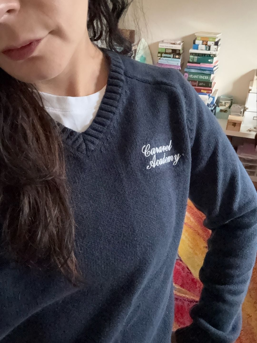 Lands End V-Neck Sweater Size M Navy Blue Caravel Academy Embroidered 6