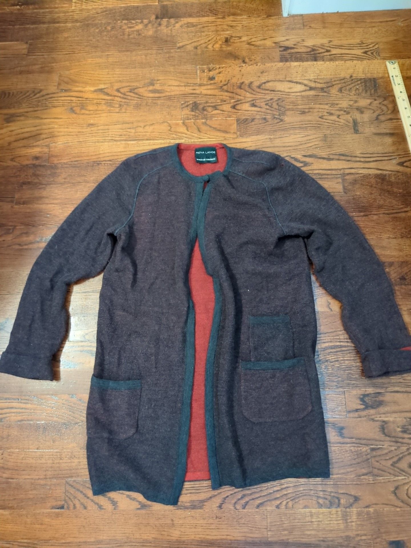 Rena Lange Open Front Cardigan Sweater Dark Brown Red Trim 2