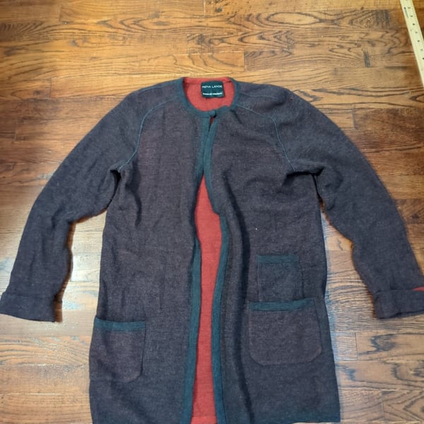 Rena Lange Open Front Cardigan Sweater Dark Brown Red Trim