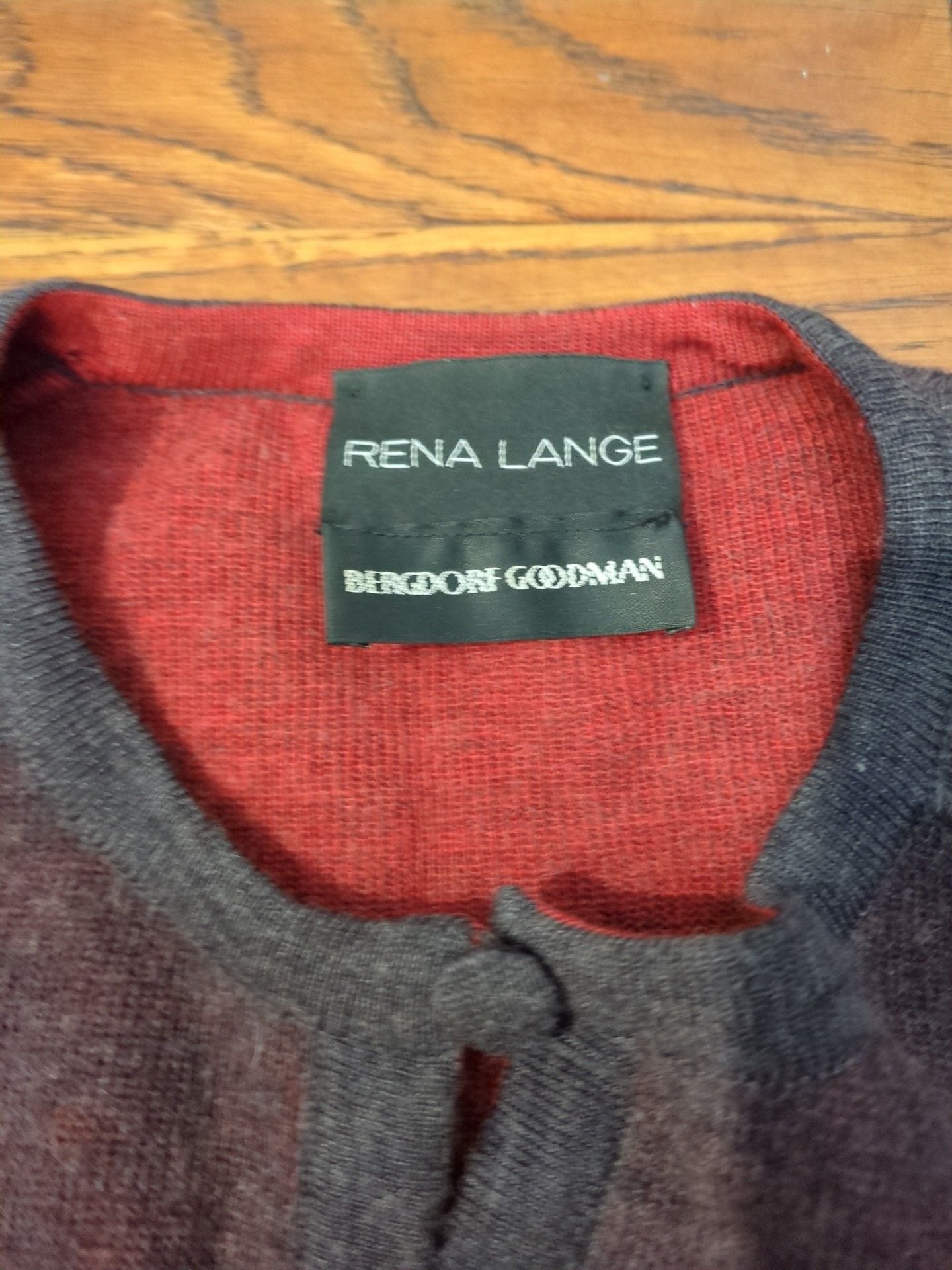 Rena Lange Open Front Cardigan Sweater Dark Brown Red Trim 3