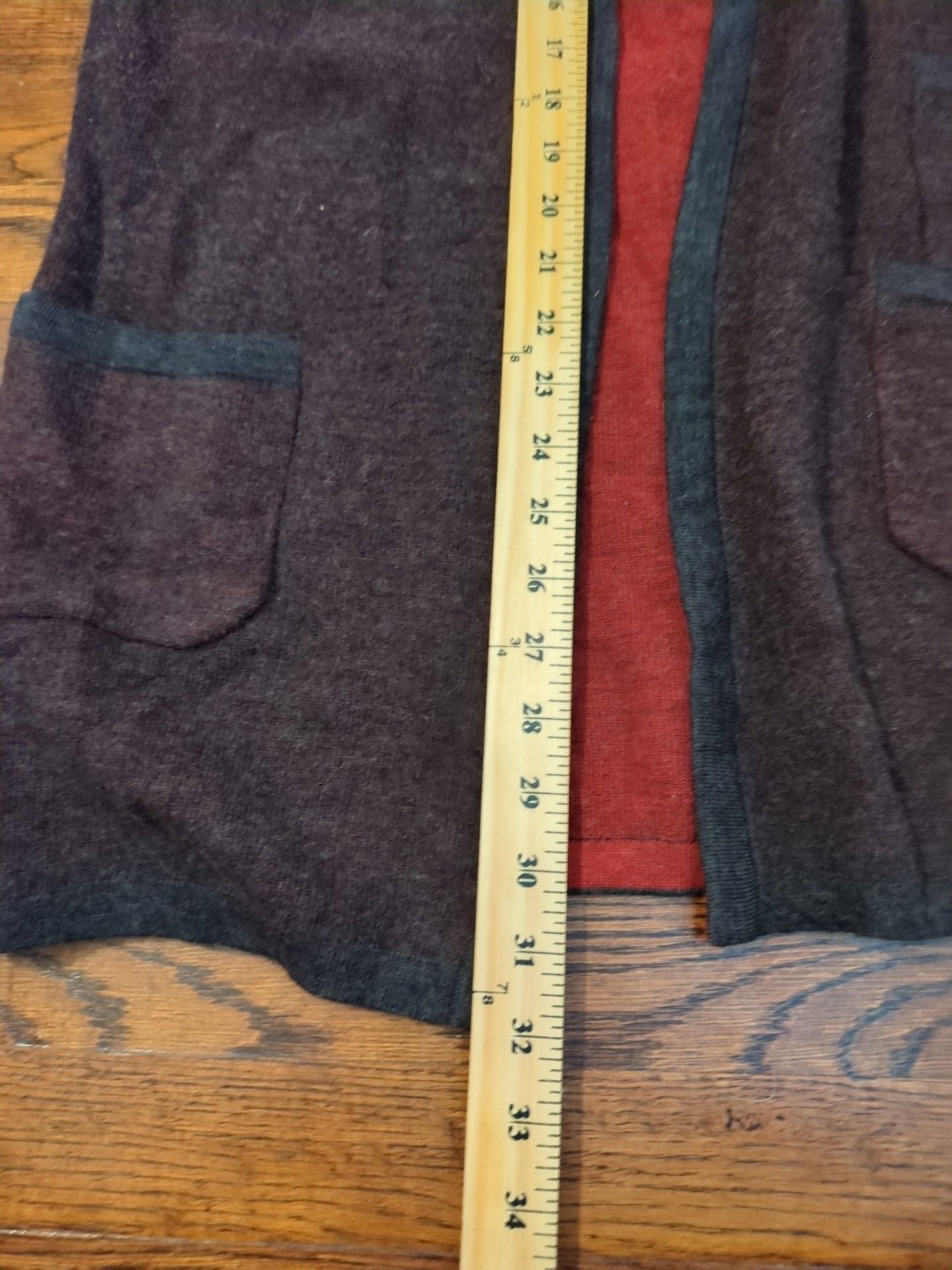 Rena Lange Open Front Cardigan Sweater Dark Brown Red Trim 4