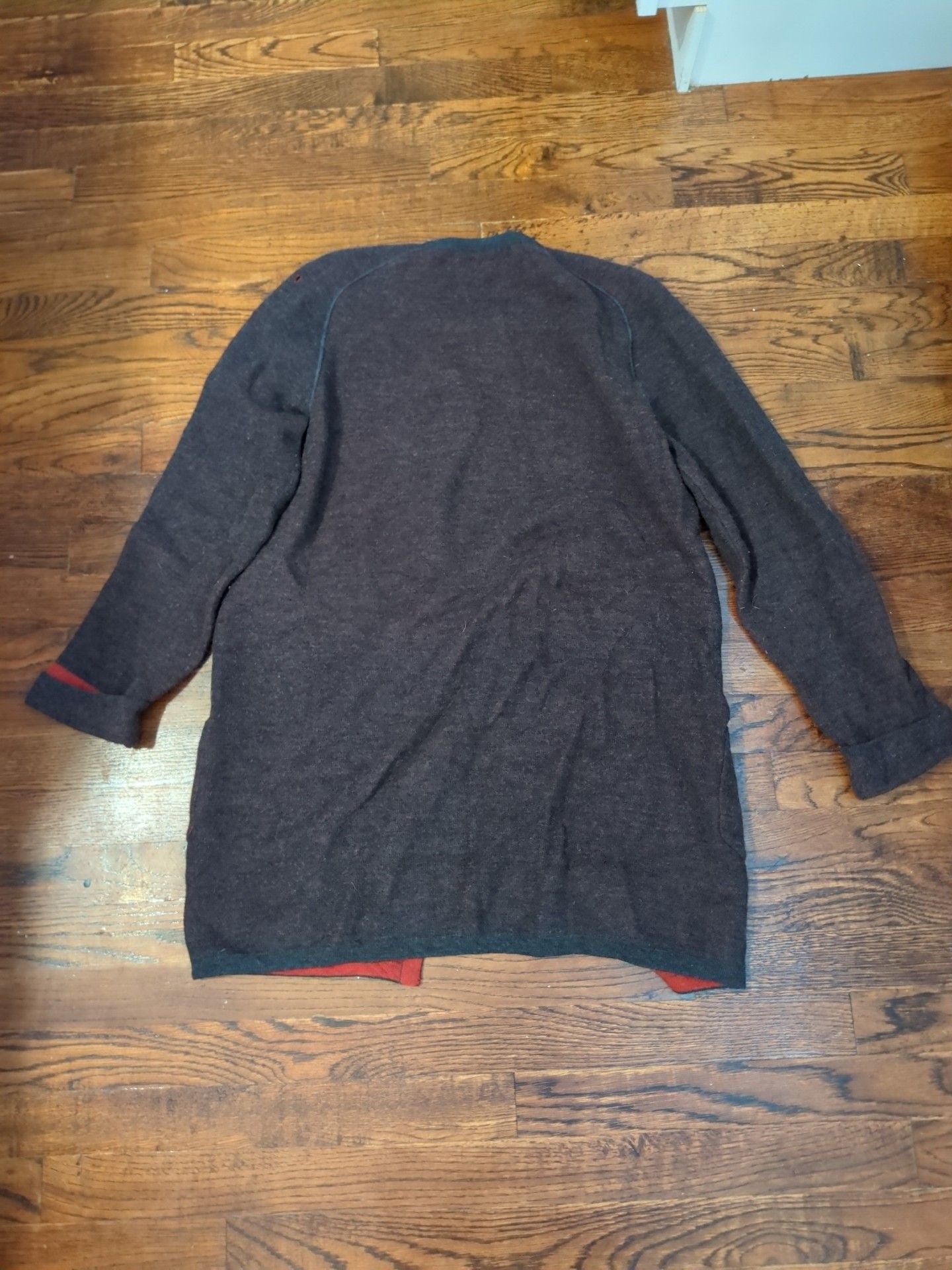Rena Lange Open Front Cardigan Sweater Dark Brown Red Trim 5
