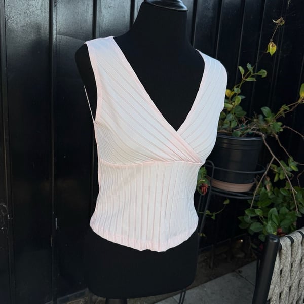 Vtg Whisper V-Neck Crossover Tank Top Size L Pink Ribbed Y2K