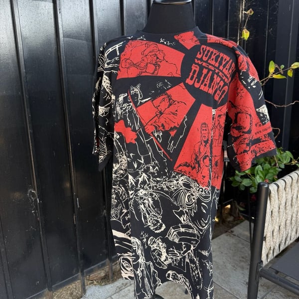 Vtg Sukiyaki Western Django T-Shirt All Over Print Graphic Tee