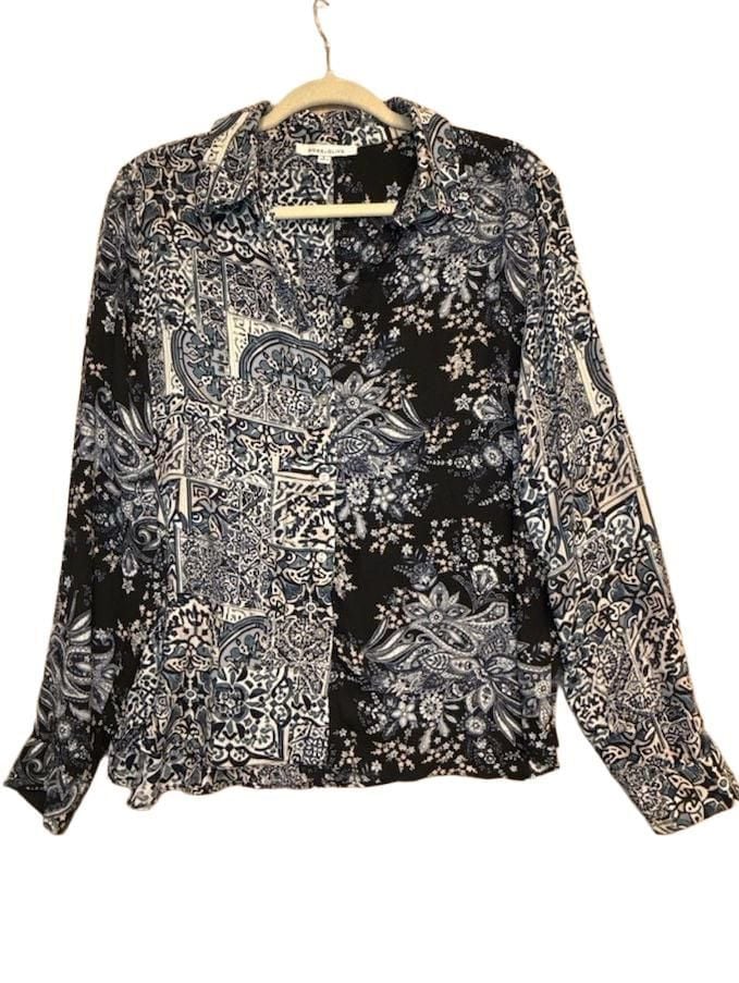 Bohemian Pattern Play Button Down Shirt Size L Blue Black Paisley 3