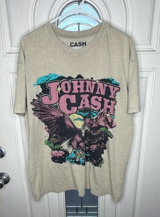Johnny Cash On Tour Graphic T-Shirt Size L Beige Eagle Tour Cities Tee 2