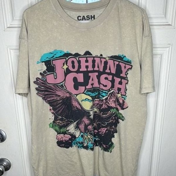 Johnny Cash On Tour Graphic T-Shirt Size L Beige Eagle Tour Cities Tee