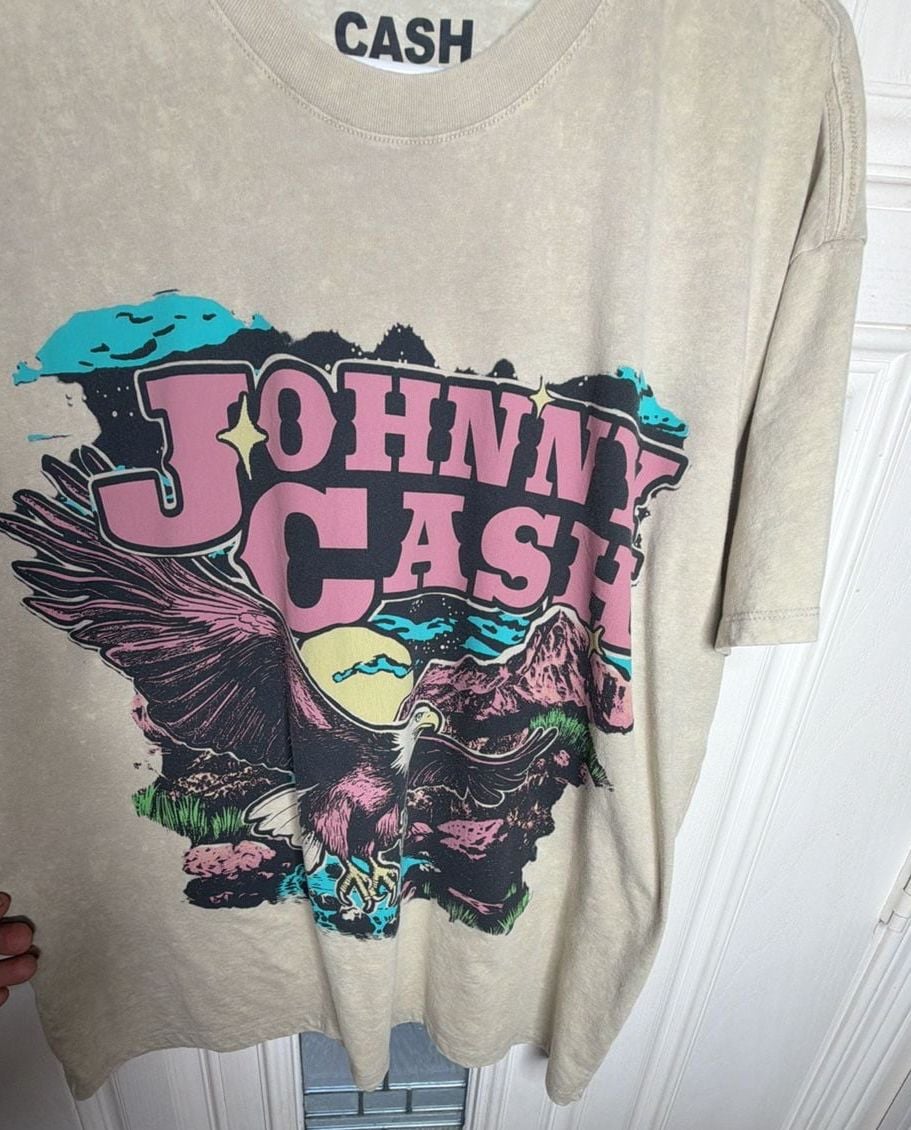 Johnny Cash On Tour Graphic T-Shirt Size L Beige Eagle Tour Cities Tee 3