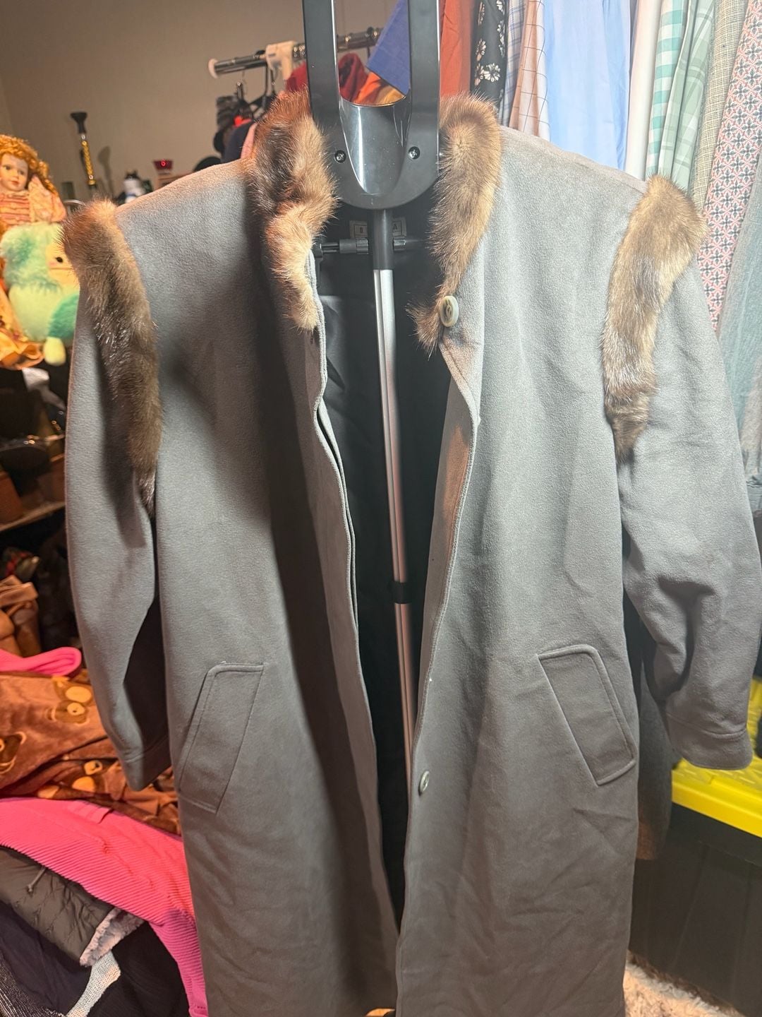 Fur Trim Trench Coat Size 9G Grey long coat 4