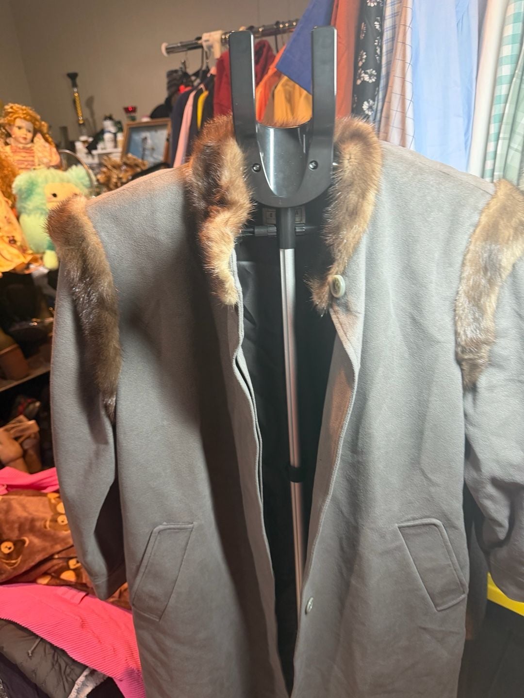 Fur Trim Trench Coat Size 9G Grey long coat 5