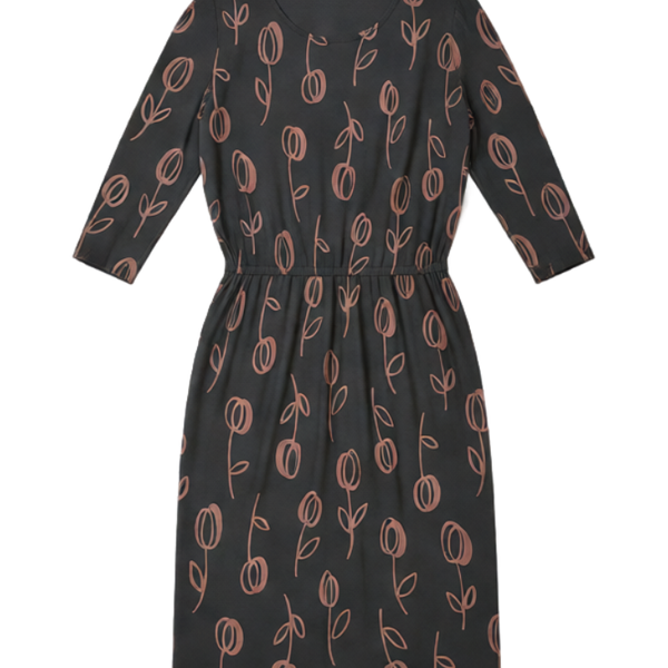 Boden Hettie Midi Dress Charcoal Pink Tulip Print Size 10L, EUC
