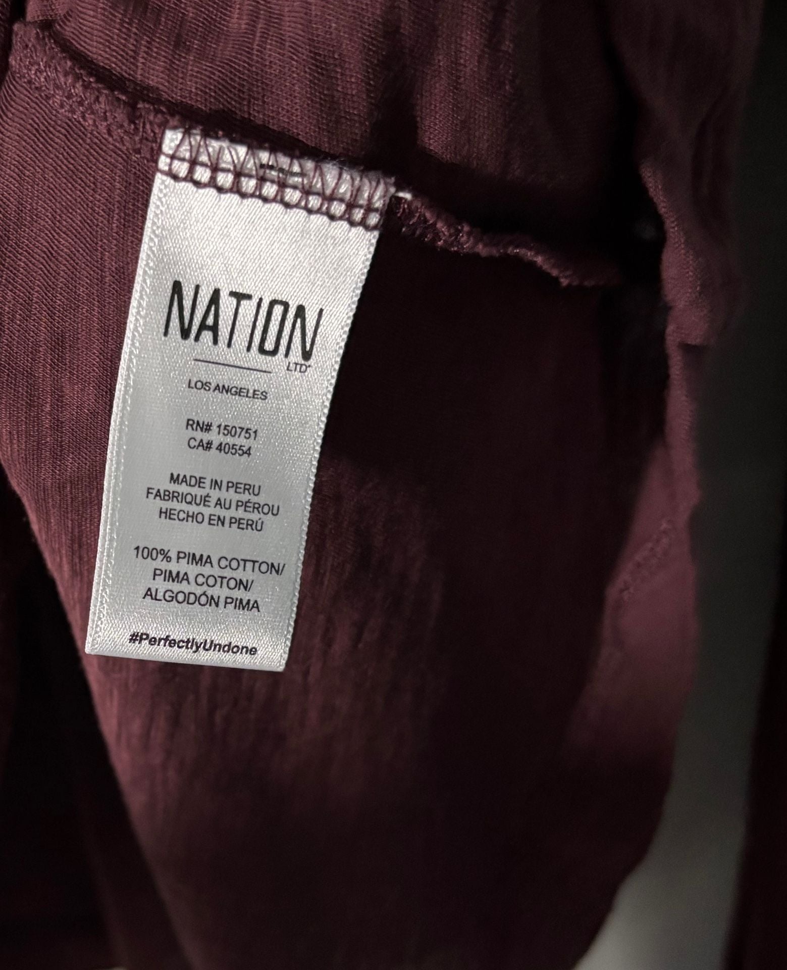 Nation LTD Smocked Pima Cotton Cuff Top Burgundy Slub Knit Size L, EUC 8