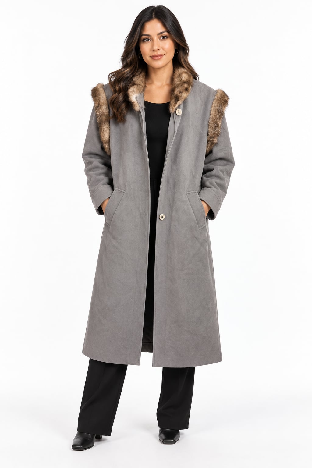 Fur Trim Trench Coat Size 9G Grey long coat 2