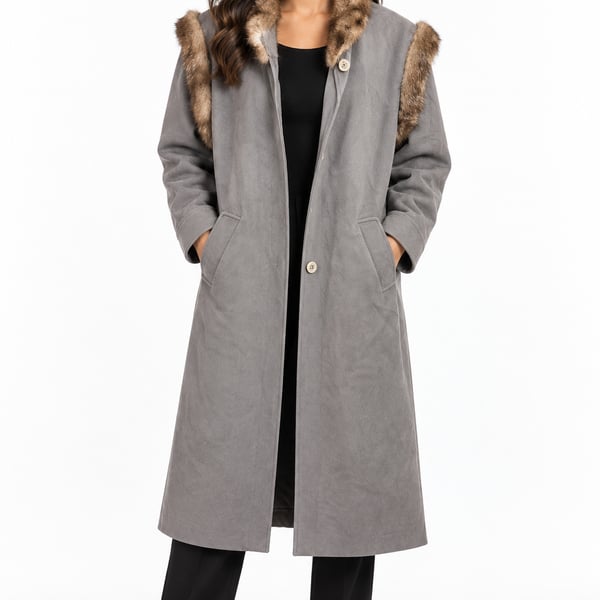 Fur Trim Trench Coat Size 9G Grey long coat