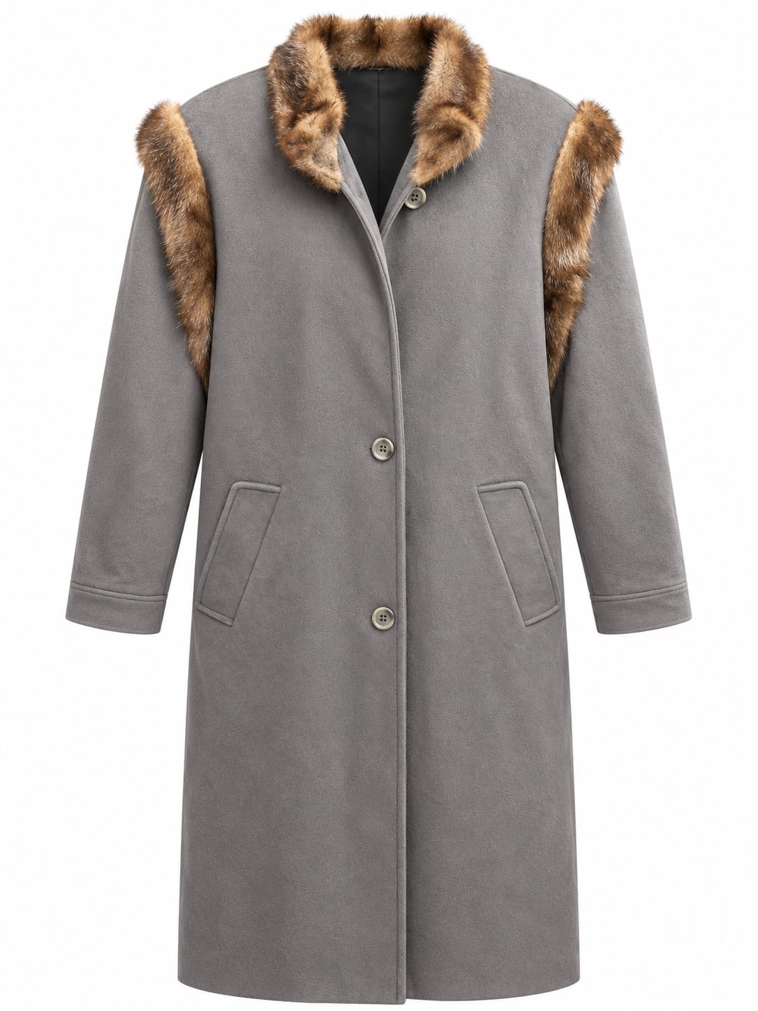 Fur Trim Trench Coat Size 9G Grey long coat 3