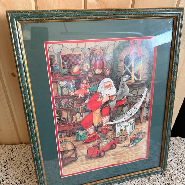 Vintage Framed Christmas Art Print 90’s Nostalgia Santa Green Marble Gold Frame