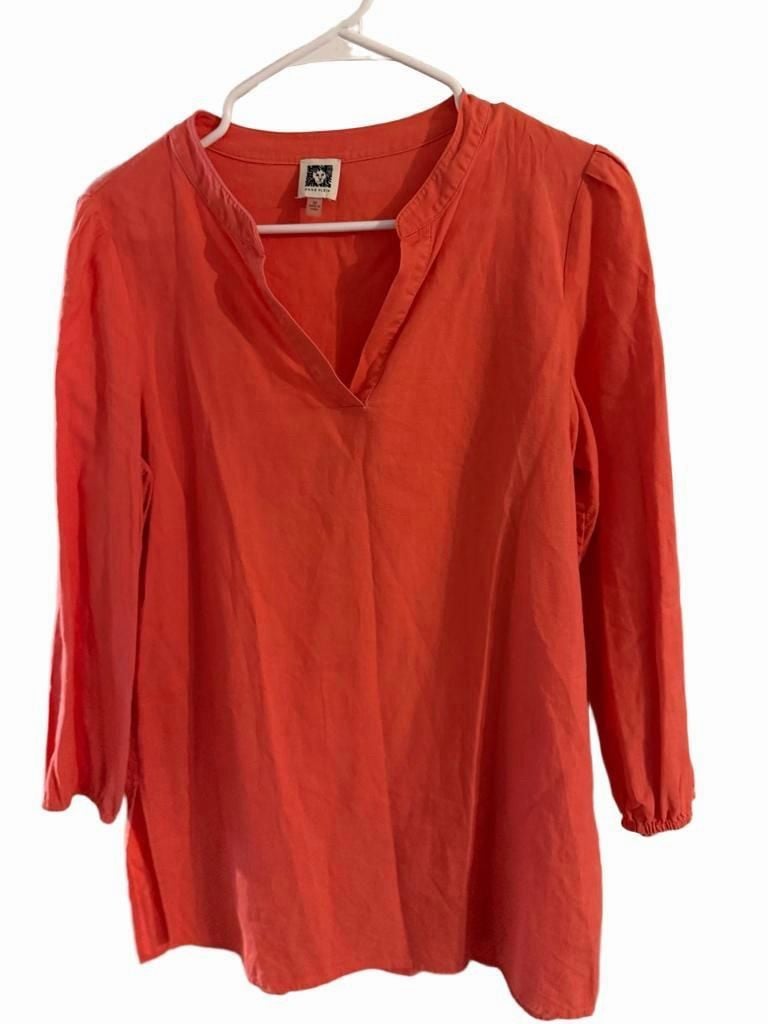 Anne Klein Tunic Size M Coral Linen Blend V-Neck 2