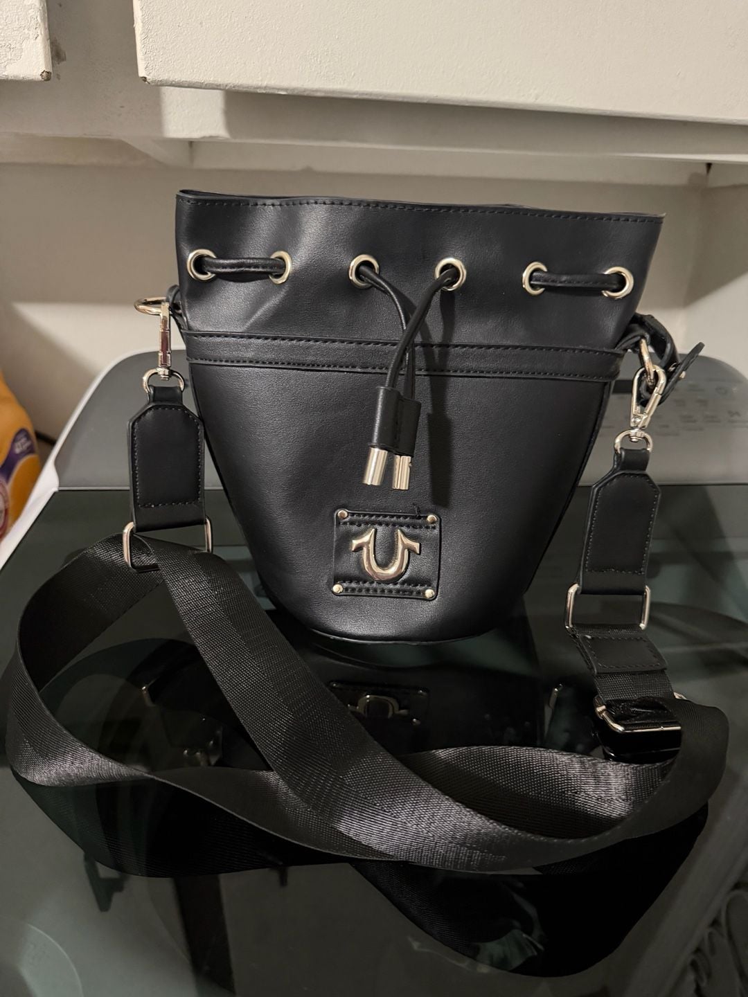 True Religion Black Faux Leather Bucket Bag Purse Crossbody 2