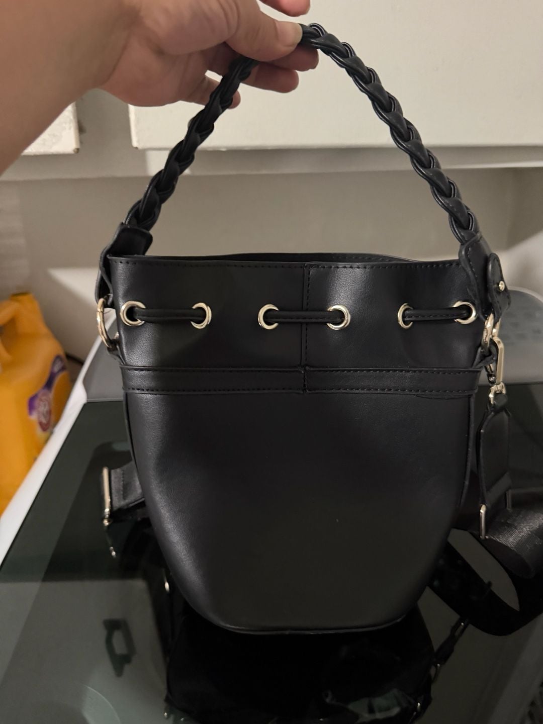 True Religion Black Faux Leather Bucket Bag Purse Crossbody 3