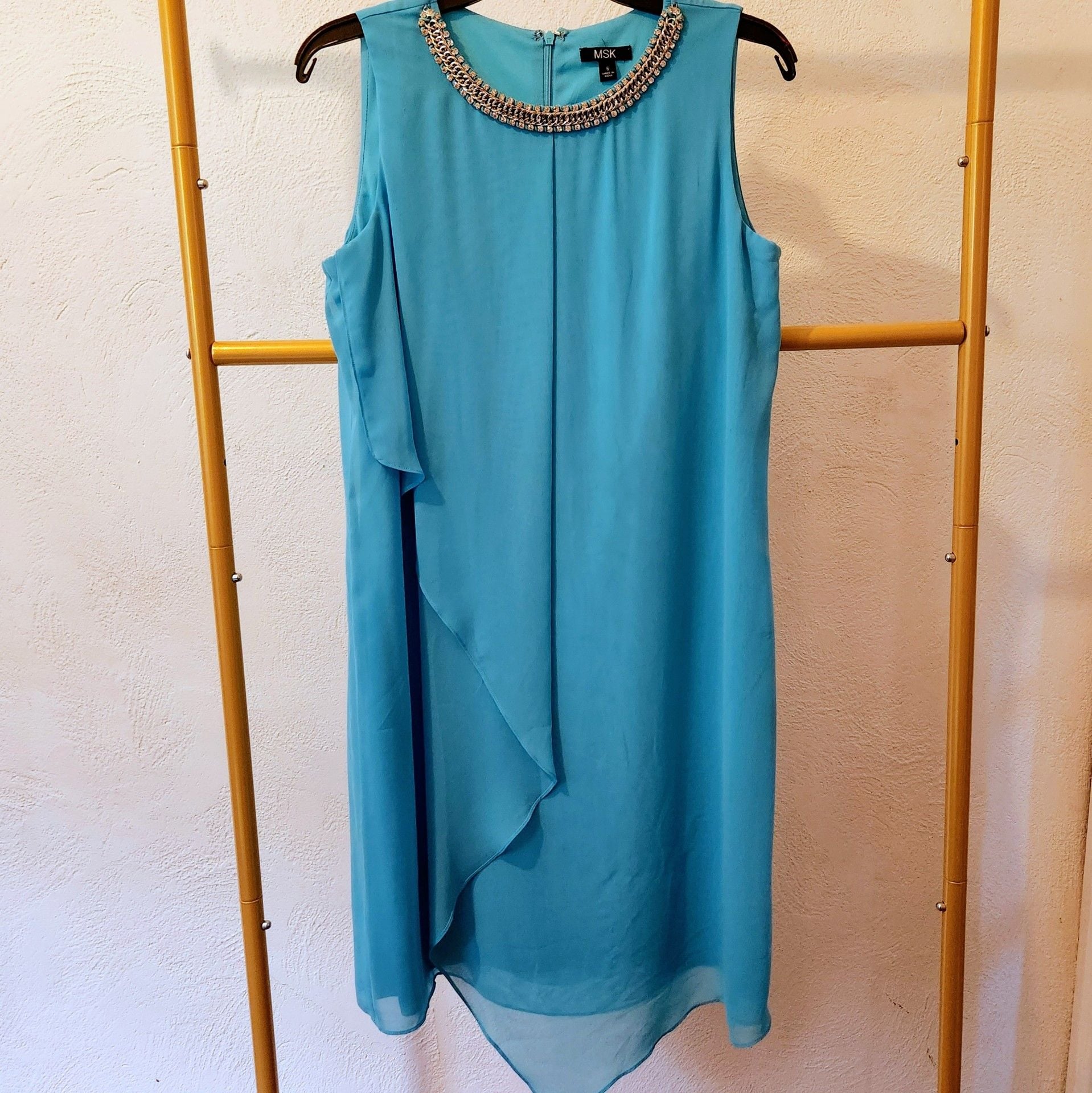 MSK Embellished Neckline Handkerchief Hem Dress Size 6 Turquoise Blue 2