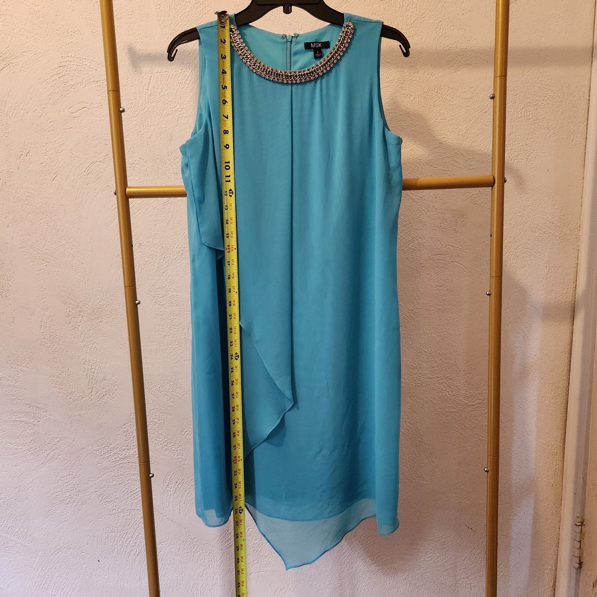 MSK Embellished Neckline Handkerchief Hem Dress Size 6 Turquoise Blue 5